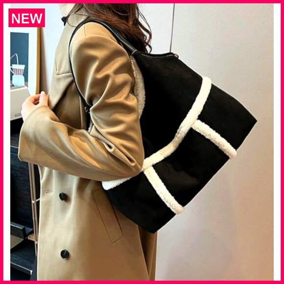 Large Suede Tote Bag with Lamb Wool Lining Adjustable Shoulder Strap - Picture 5 of 8